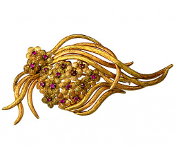Romantic Forget Me Not Ruby Flower Brooch | Rose & Yellow Gold Ruby Floral Spray Brooch